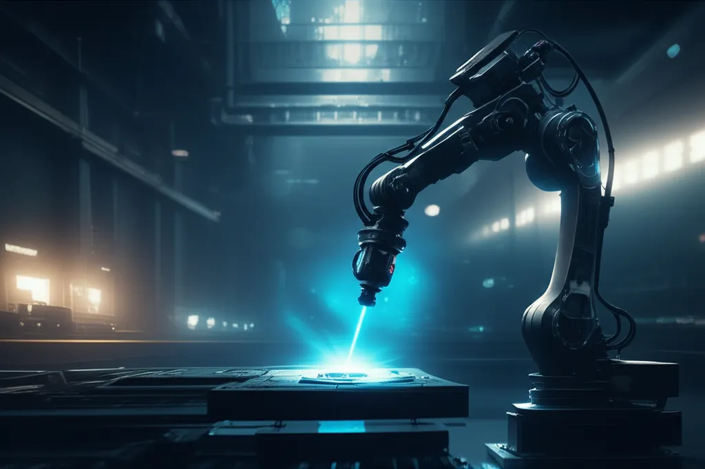 機械手臂與藍色掃描光的精密製造場景