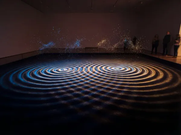 量子干涉波紋的藍金色藝術攝影