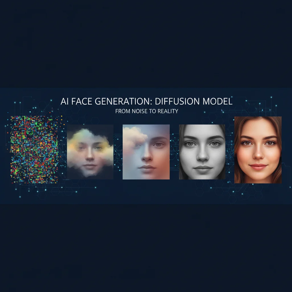 從隨機噪聲逐步去噪生成逼真人臉的視覺化過程,展示擴散模型的人臉生成能力