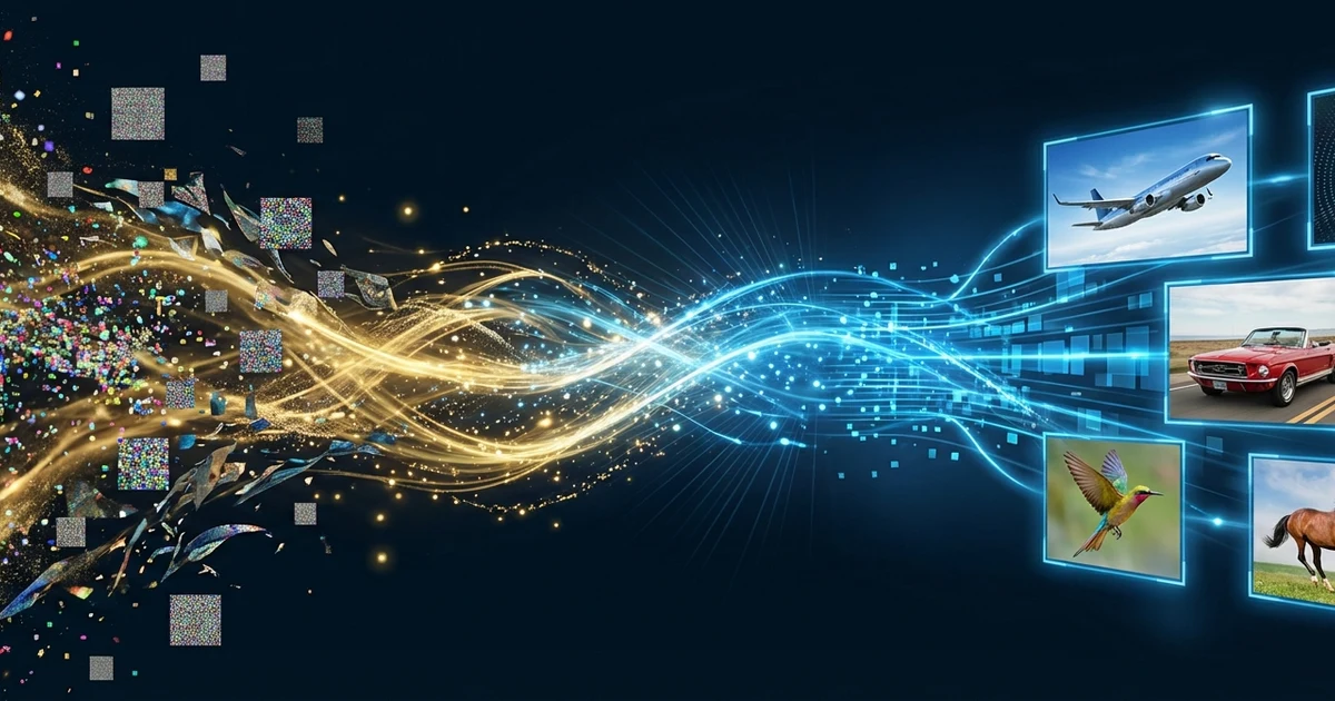 從隨機彩色噪聲逐步去噪生成 CIFAR-10 物件圖像的視覺化過程