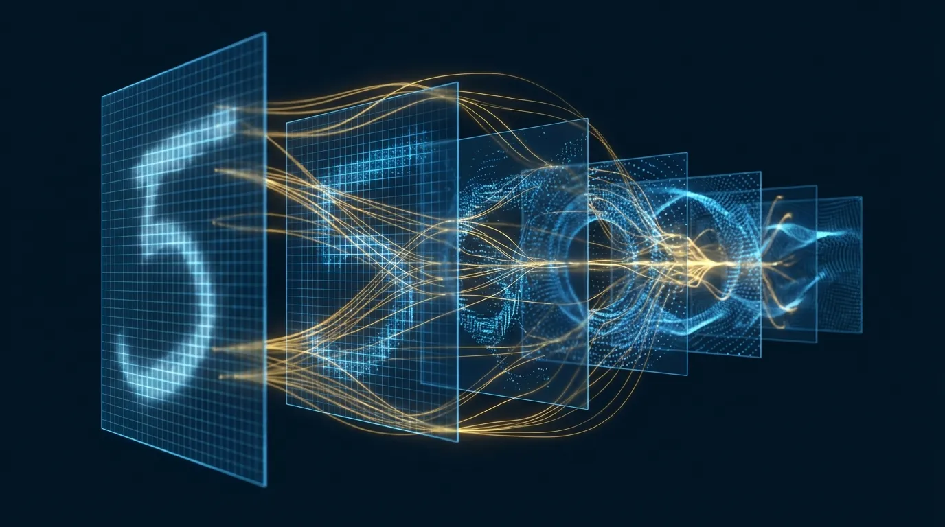 卷積神經網路特徵圖的 3D 分層視覺化，從輸入圖像到抽象特徵的層次遞進