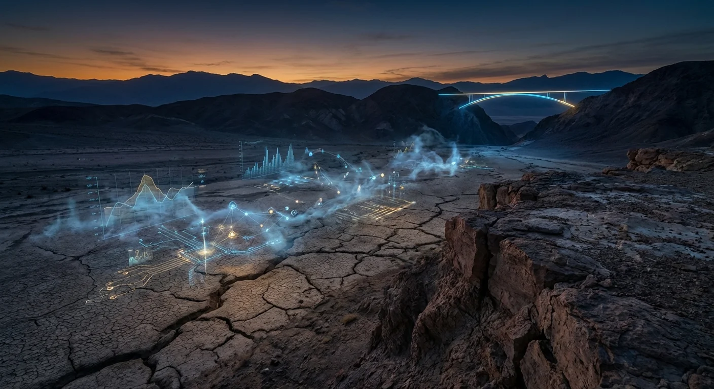 企業 AI 導入死亡谷的抽象視覺化——從試點到規模化的斷裂與突圍路徑