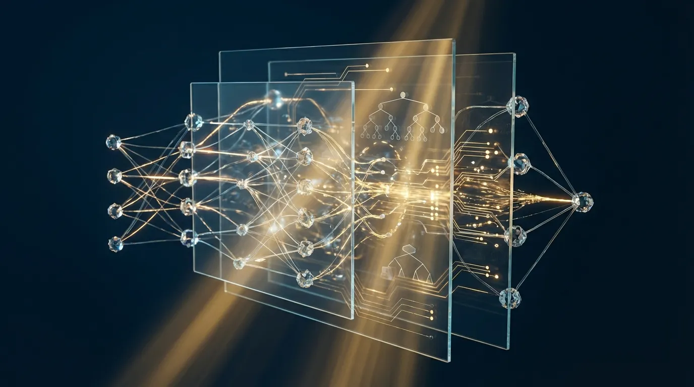 Light emanating through an abstract neural network structure, symbolizing explainability techniques that open the AI black box