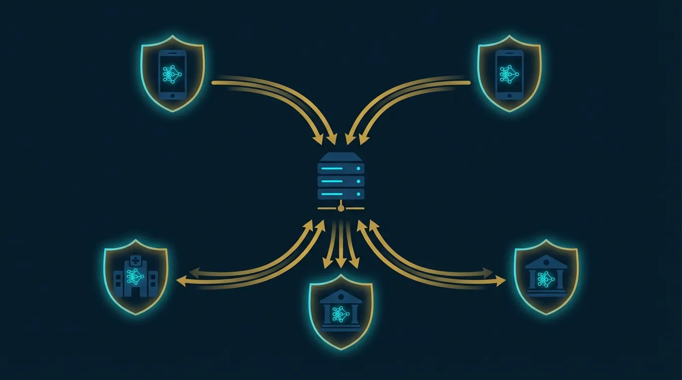 多個分散節點各自訓練模型後匯聚至中央伺服器的聯邦學習示意圖