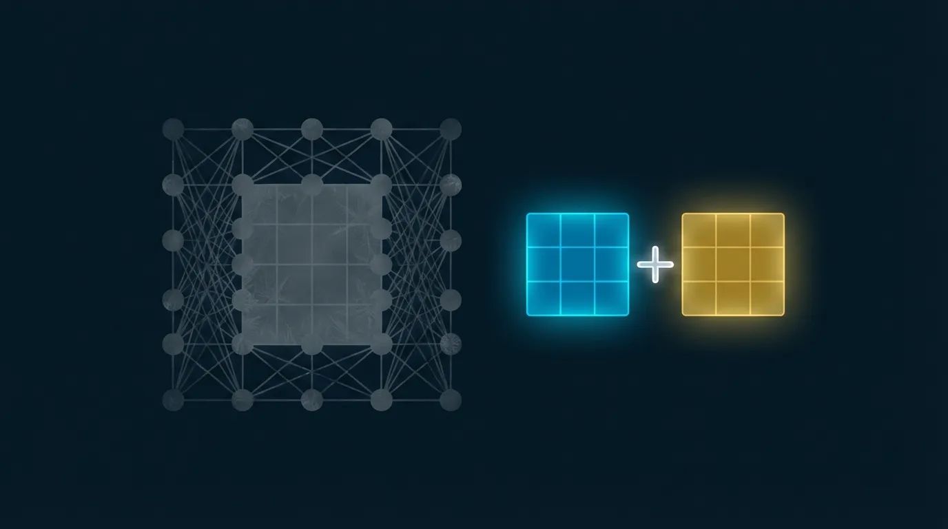 大型神經網路旁邊的小型低秩矩陣示意圖，象徵 LoRA 的參數高效微調