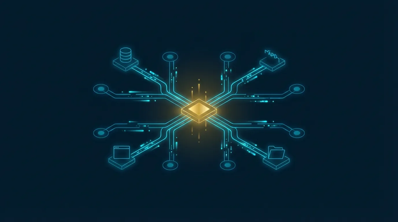 MCP 協議連接 AI 與外部工具的網路拓撲示意圖