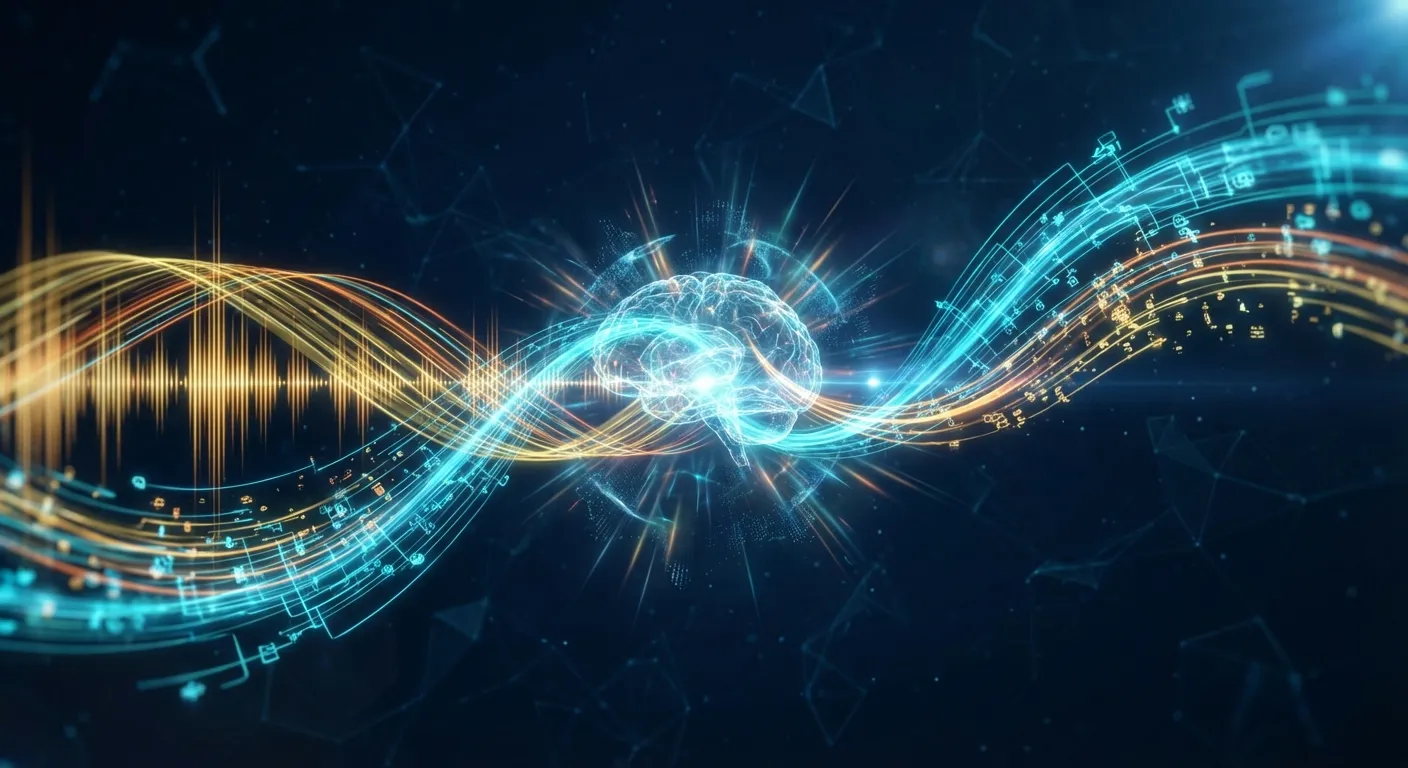 多模態 AI 融合視覺、語言與音訊的網路架構示意圖