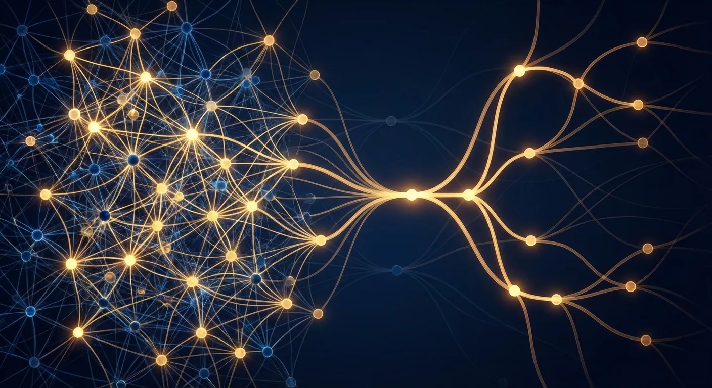 密集神經網路從左至右漸變為精簡稀疏結構，象徵剪枝的精準優化過程