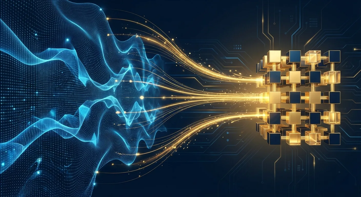 高精度浮點數逐步壓縮為低位元整數的視覺化過程，象徵量化技術對 AI 模型的精準瘦身