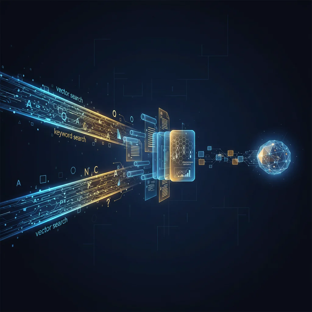 向量搜尋與關鍵字搜尋匯聚到 Re-ranking 過濾層，再輸出精準結果的進階 RAG 視覺化