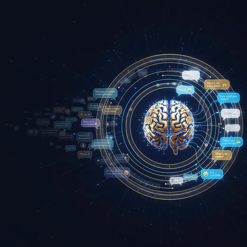 AI 大腦周圍環繞記憶光環，舊對話氣泡漸淡、新對話氣泡發亮的未來科技場景