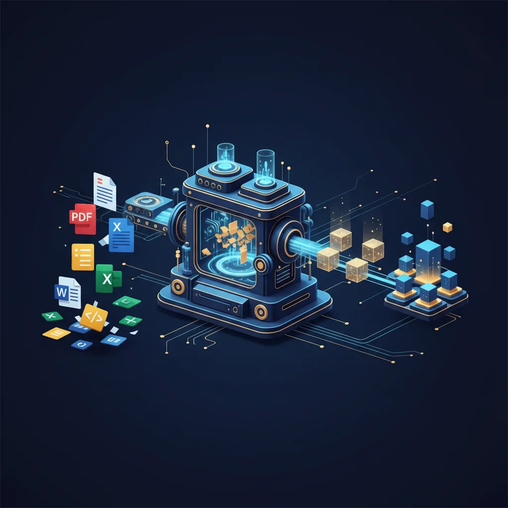 多種格式文件經過處理管線轉化為統一的知識庫區塊的視覺化流程