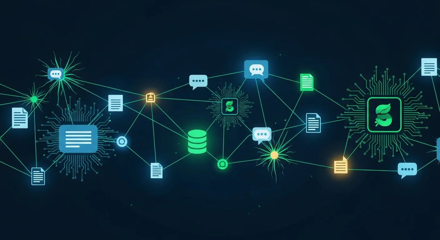 企業知識庫系統視覺化:神經網路連接文件、資料庫與智能對話介面的未來科技場景