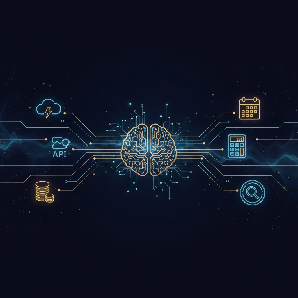 AI 大腦透過神經連線連接天氣 API、資料庫、計算機、日曆等外部工具的未來科技場景