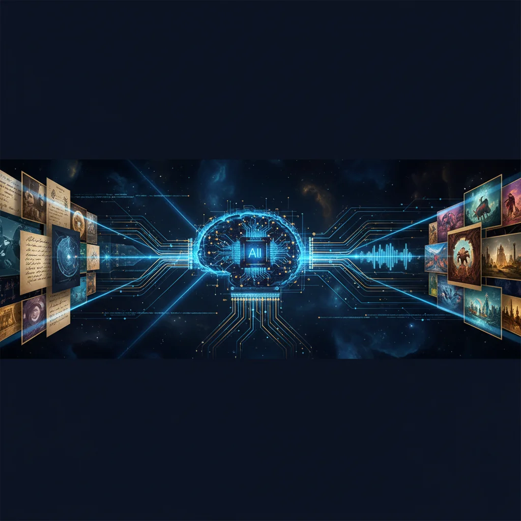 AI 處理器同時處理圖片、文字與音訊等多模態資料的未來科技視覺化場景