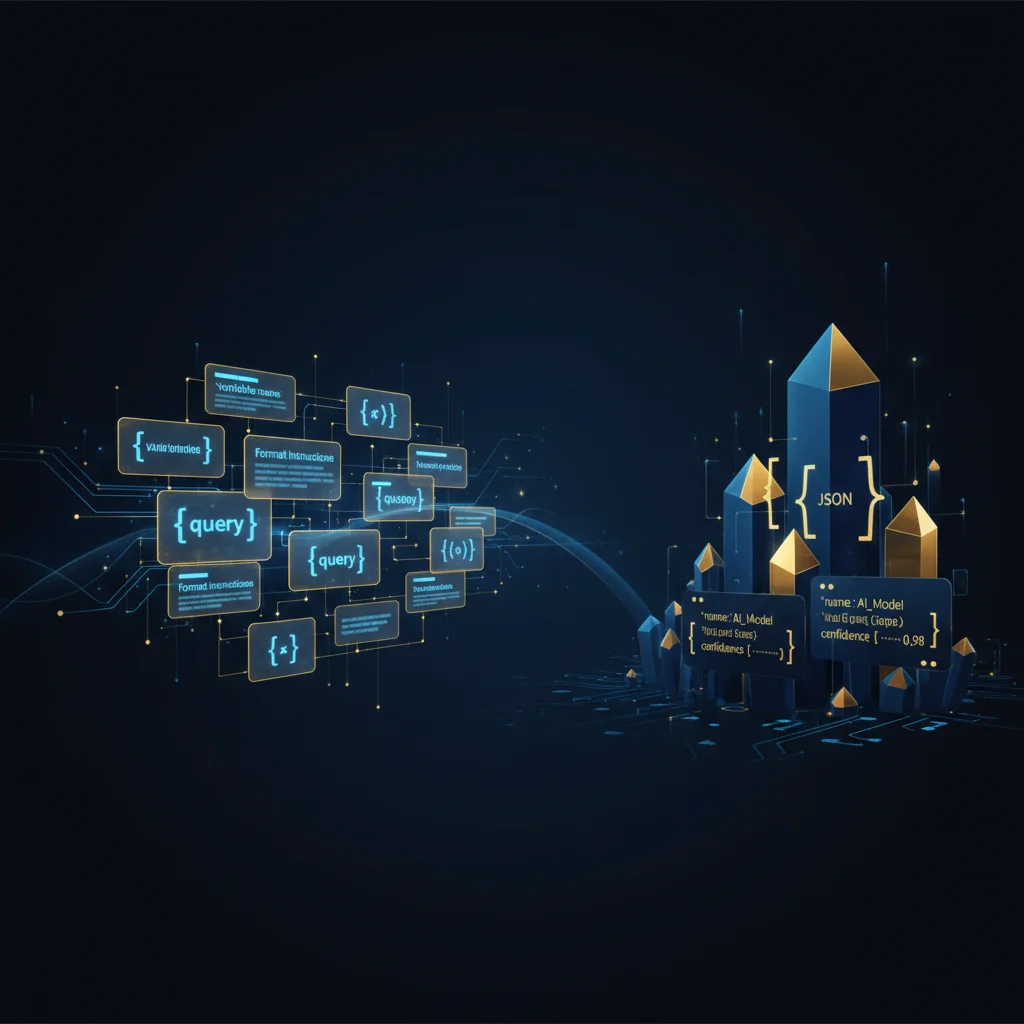 Prompt 模板變數轉化為結構化 JSON 資料物件的未來科技視覺化場景