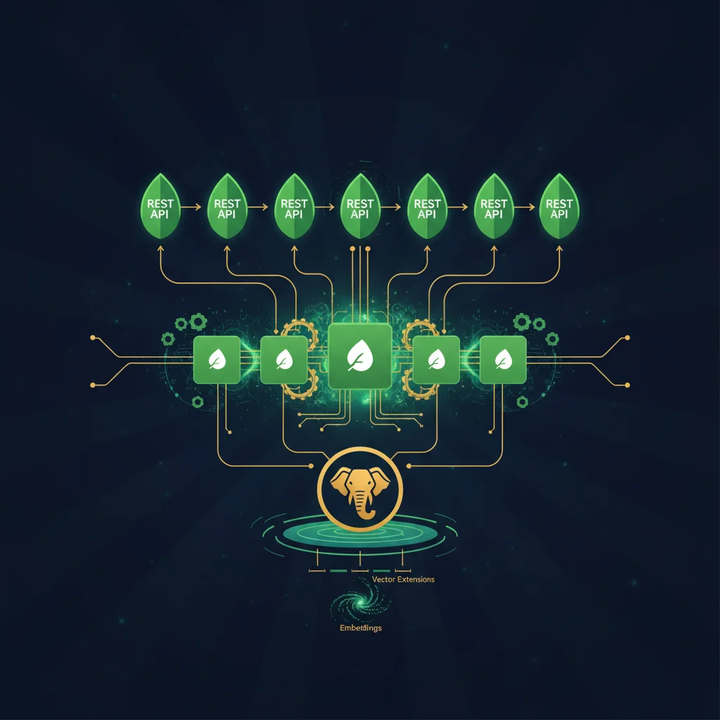 Spring Boot 三層架構:REST API 端點、服務層、PostgreSQL 向量資料庫的企業級應用視覺化