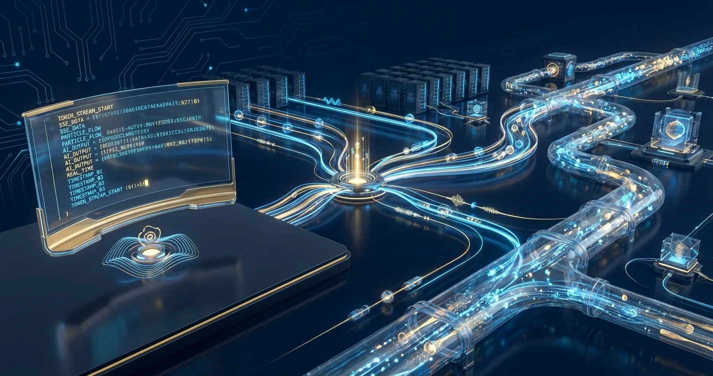 即時串流資料在未來科技管線中流動的視覺化場景，呈現 Server-Sent Events 的資料傳輸概念