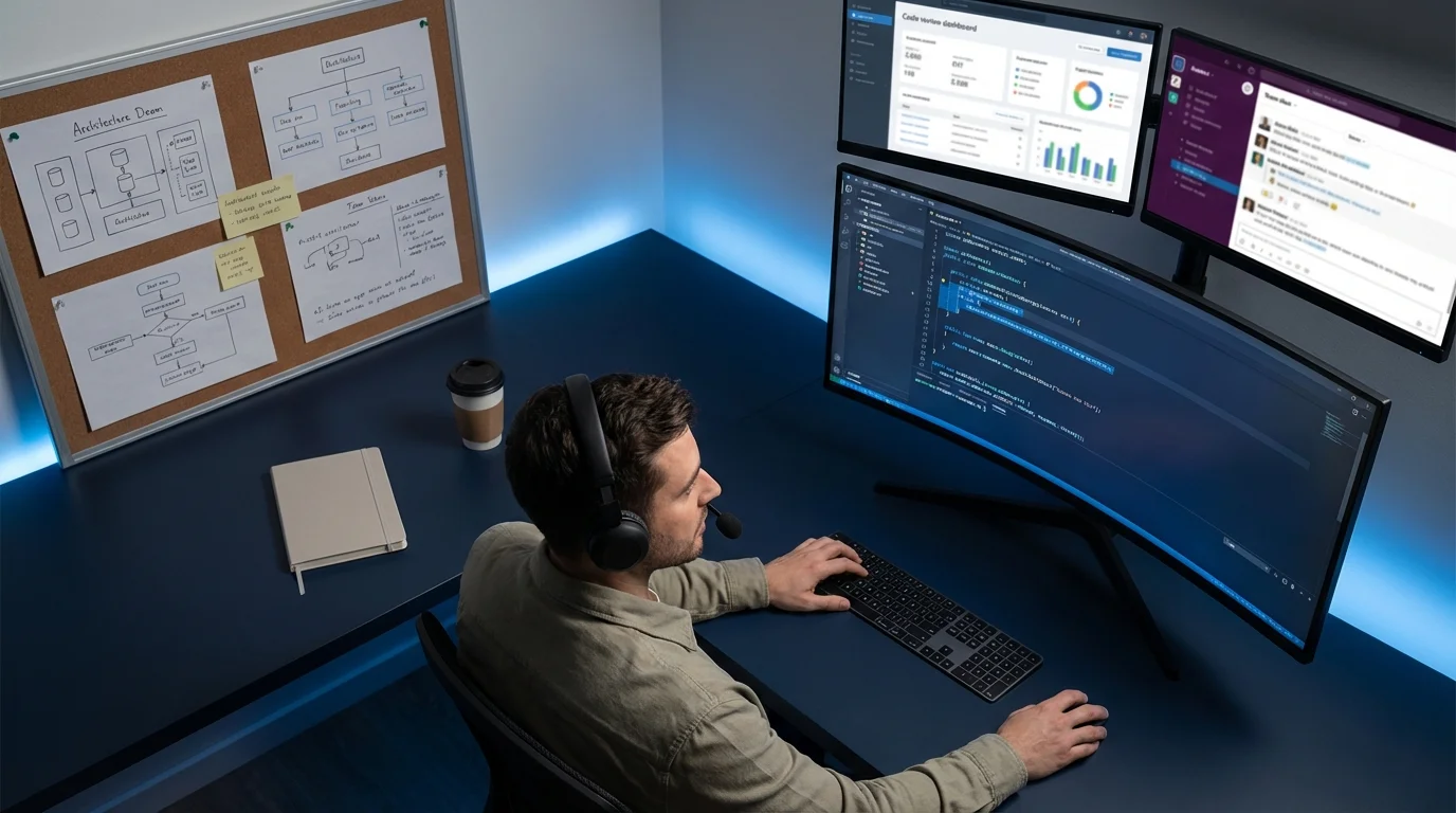 Illustration of AI-assisted development workflow and team collaboration architecture